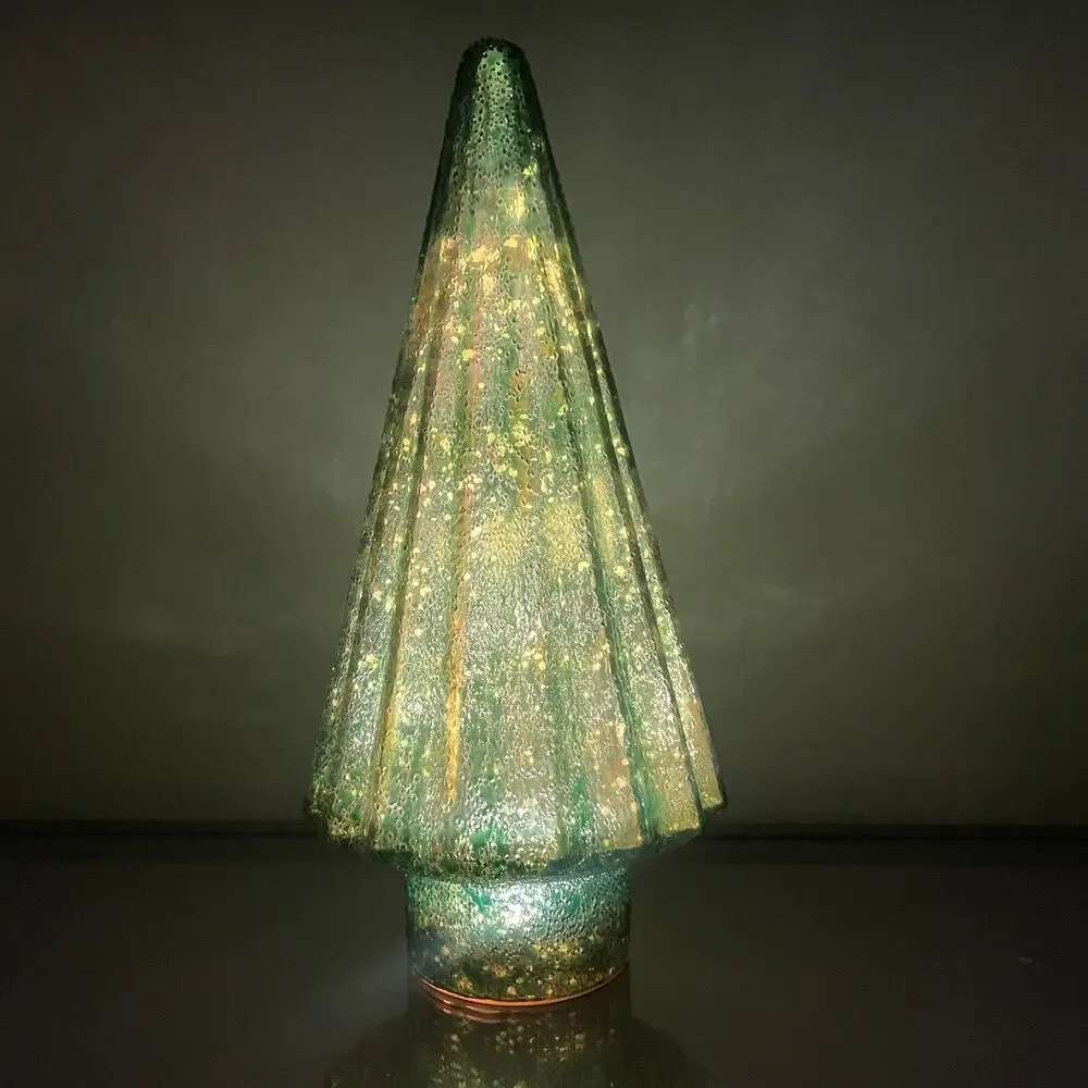 Illuminated Glass Christmas Tree 14.5in Iridescent GREEN Chic Holiday Decor New